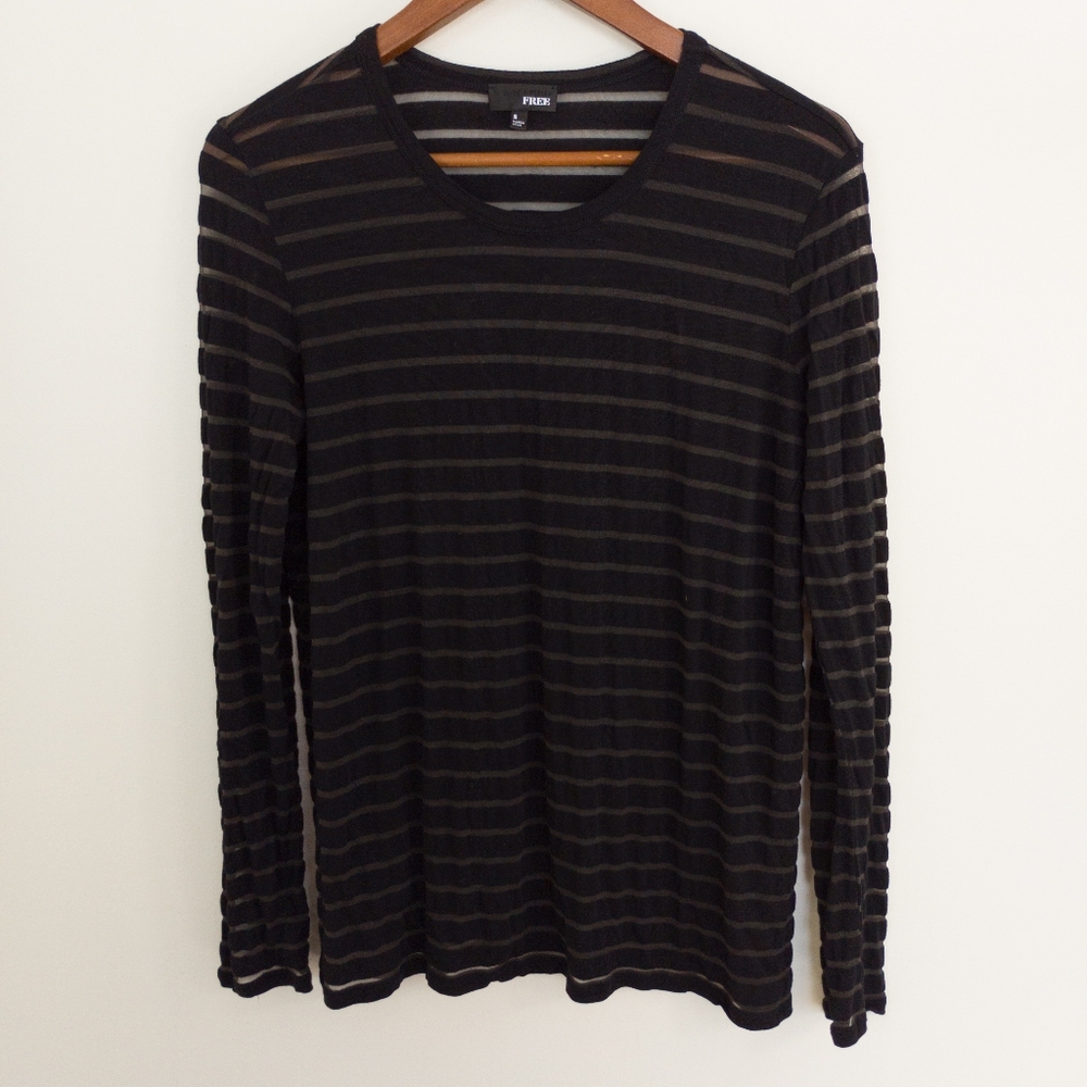 Aritzia Wilfred Free Black Striped Mesh Sheer Long Sleeve Crewneck Top Size S